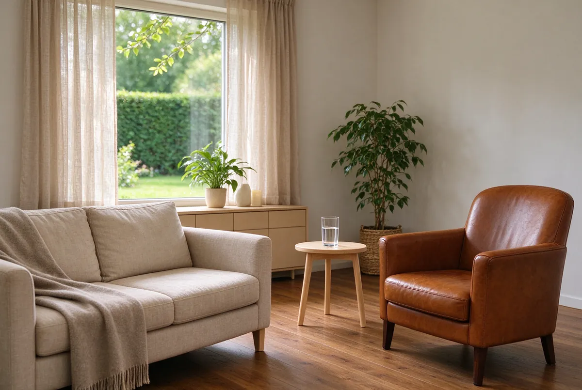 Praktijkruimte met een zetel en zicht op de tuin