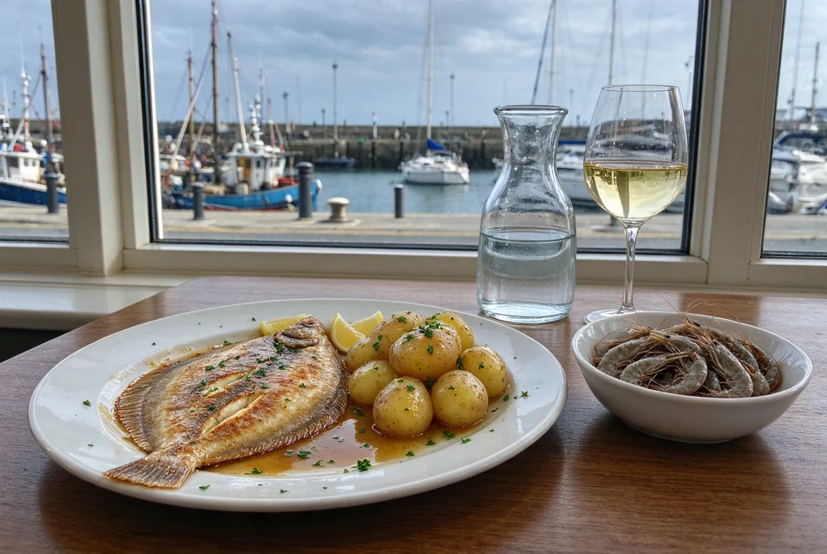 Bord met vis van de dag op een tafel aan het raam, met de haven op de achtergrond