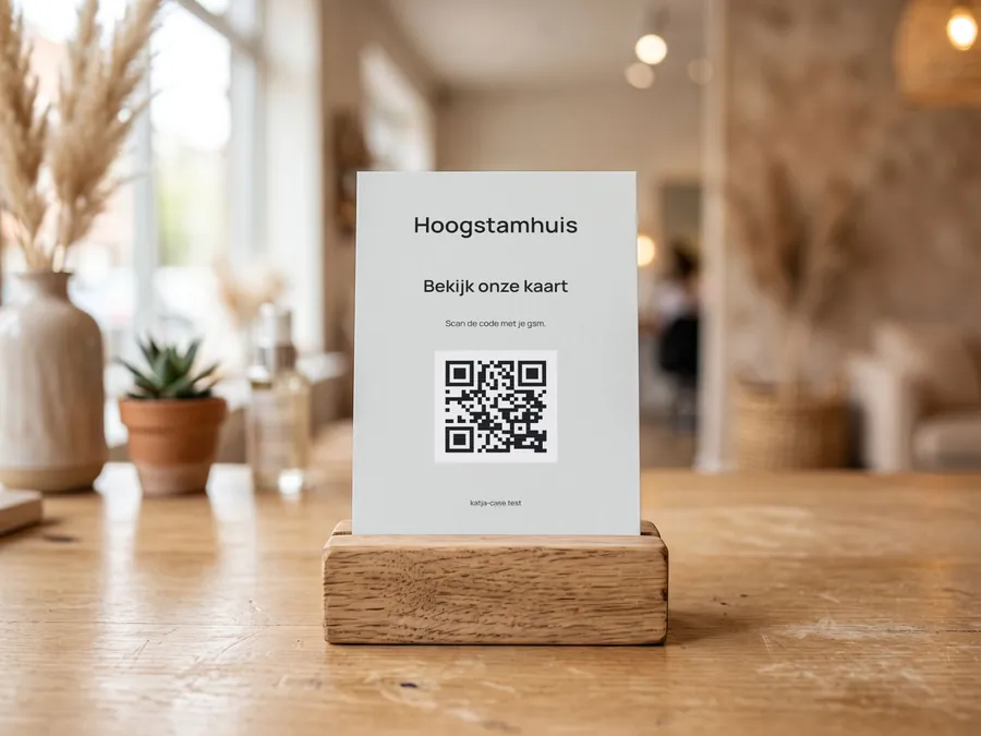 Haar drukwerk in de stijl van haar website: tafelkaartjes en review-blokje