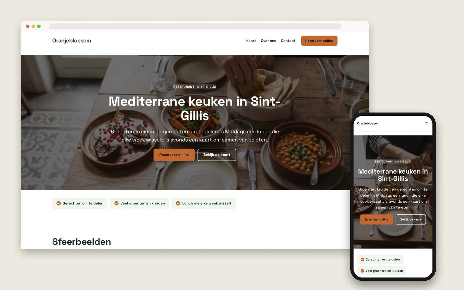 De website van Oranjebloesem op computer en gsm