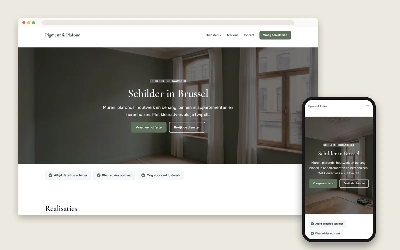De website van Pigment & Plafond op computer en gsm