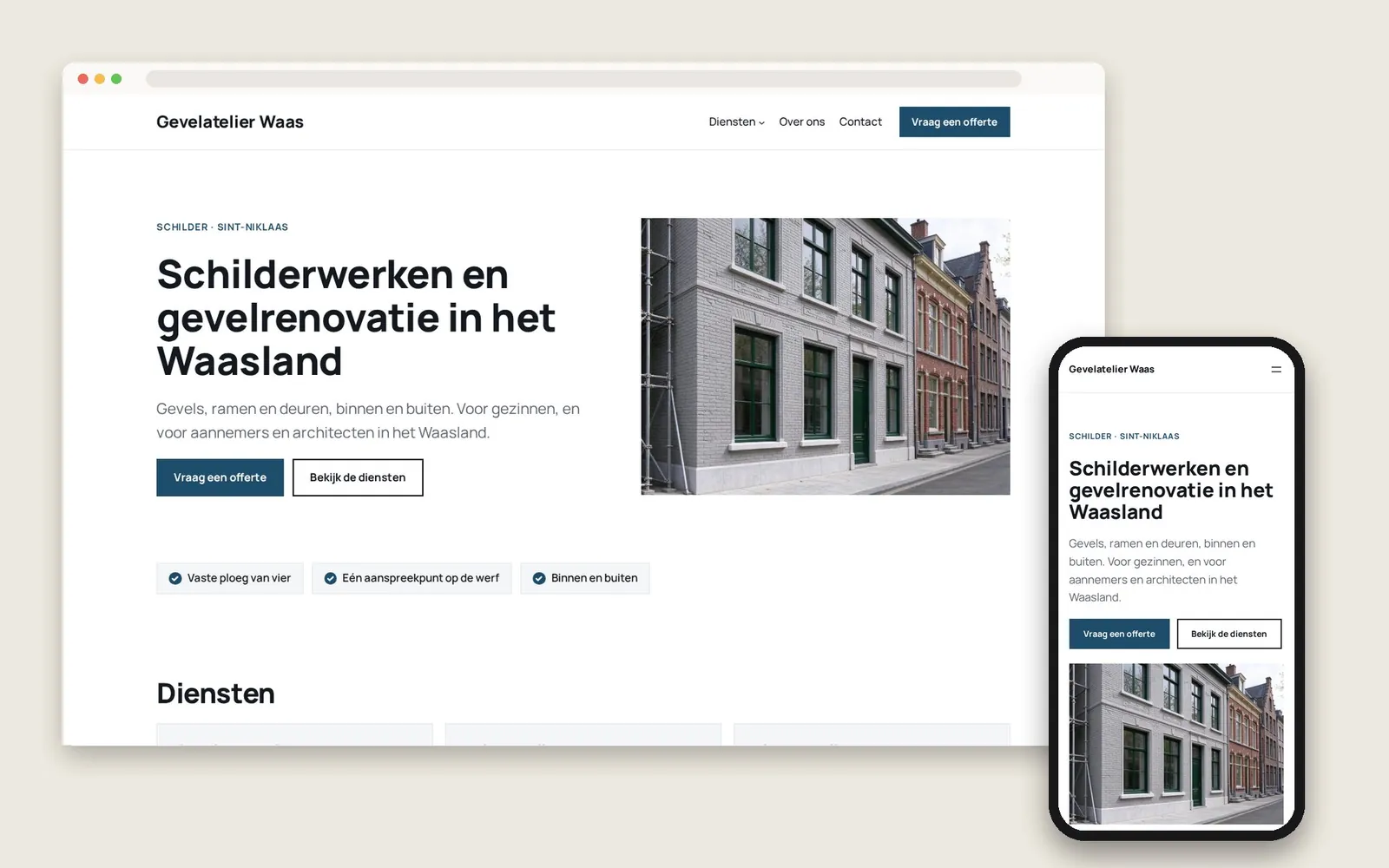 De website van Gevelatelier Waas op computer en gsm