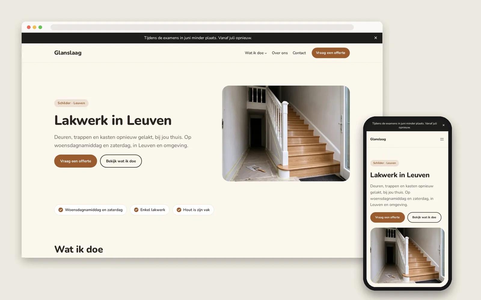 De website van Glanslaag op computer en gsm