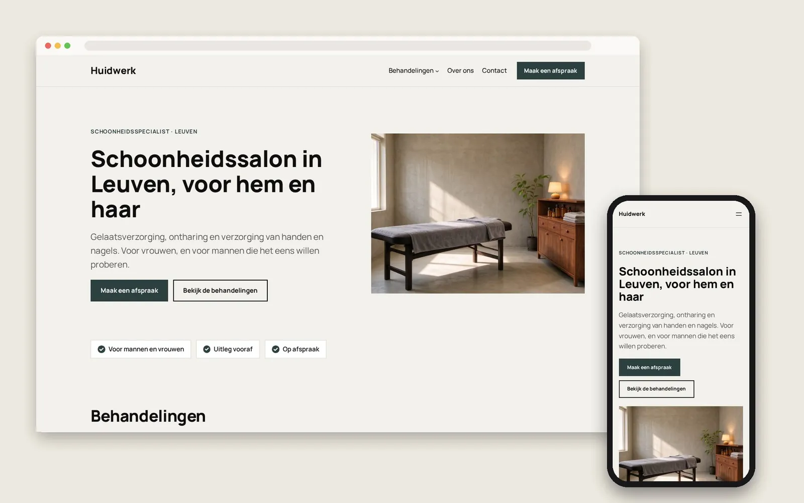 De website van Huidwerk op computer en gsm