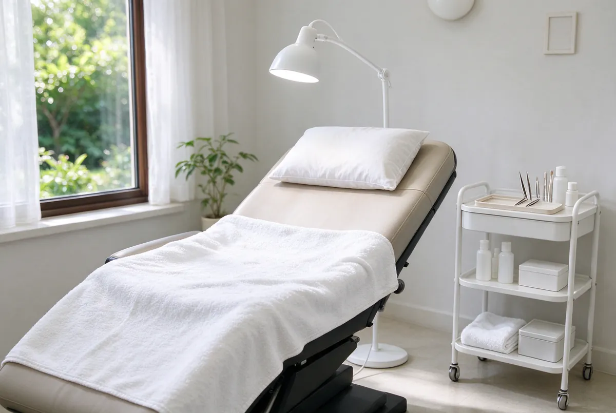 Behandelstoel en lamp in een kleine salon aan huis