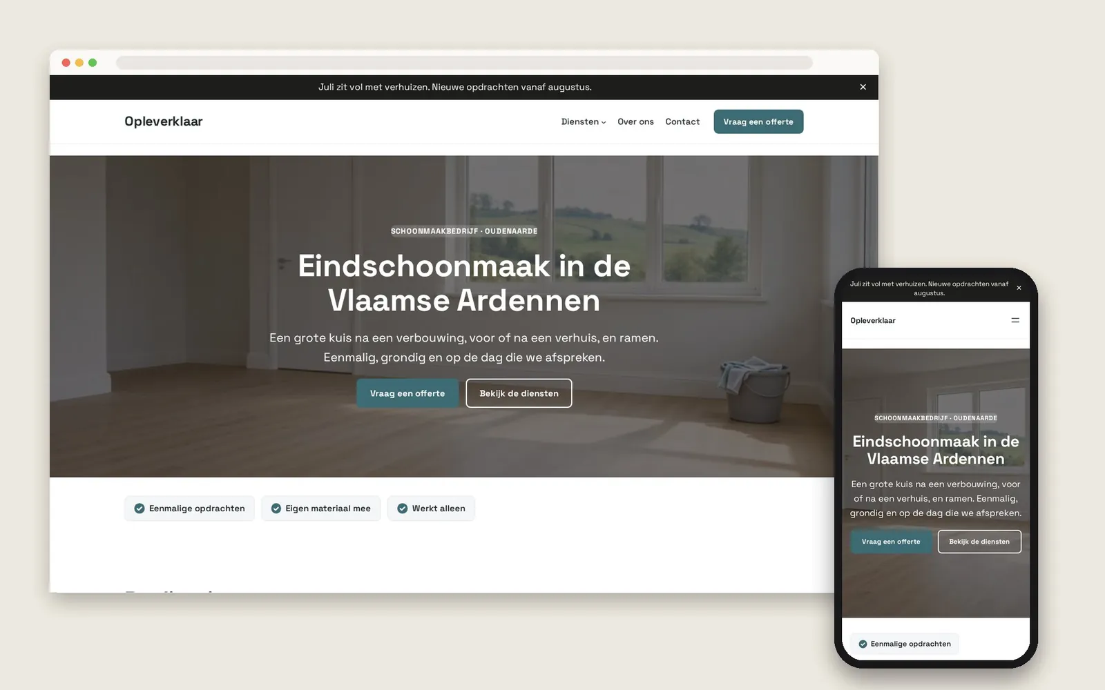 De website van Opleverklaar op computer en gsm