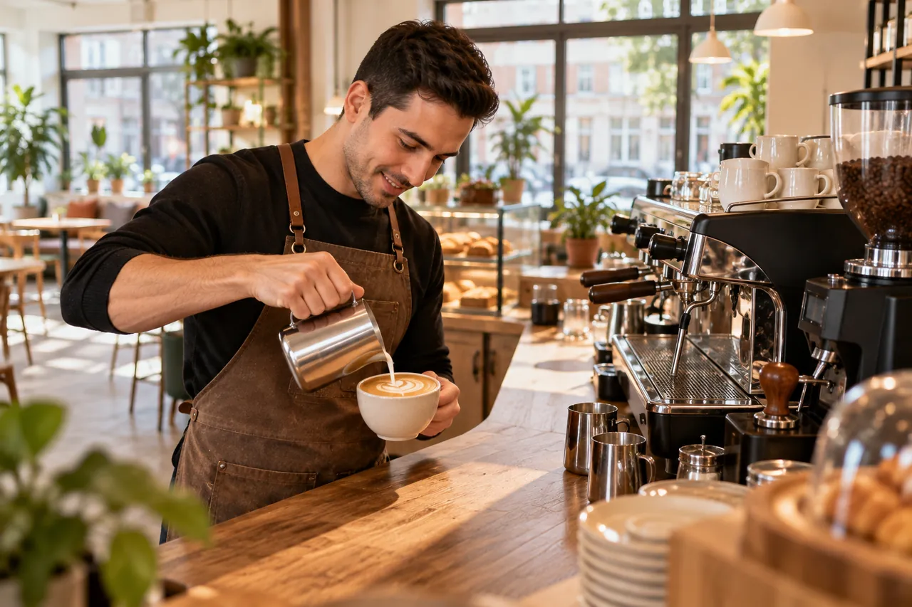 Barista schenkt melk in een cappuccino