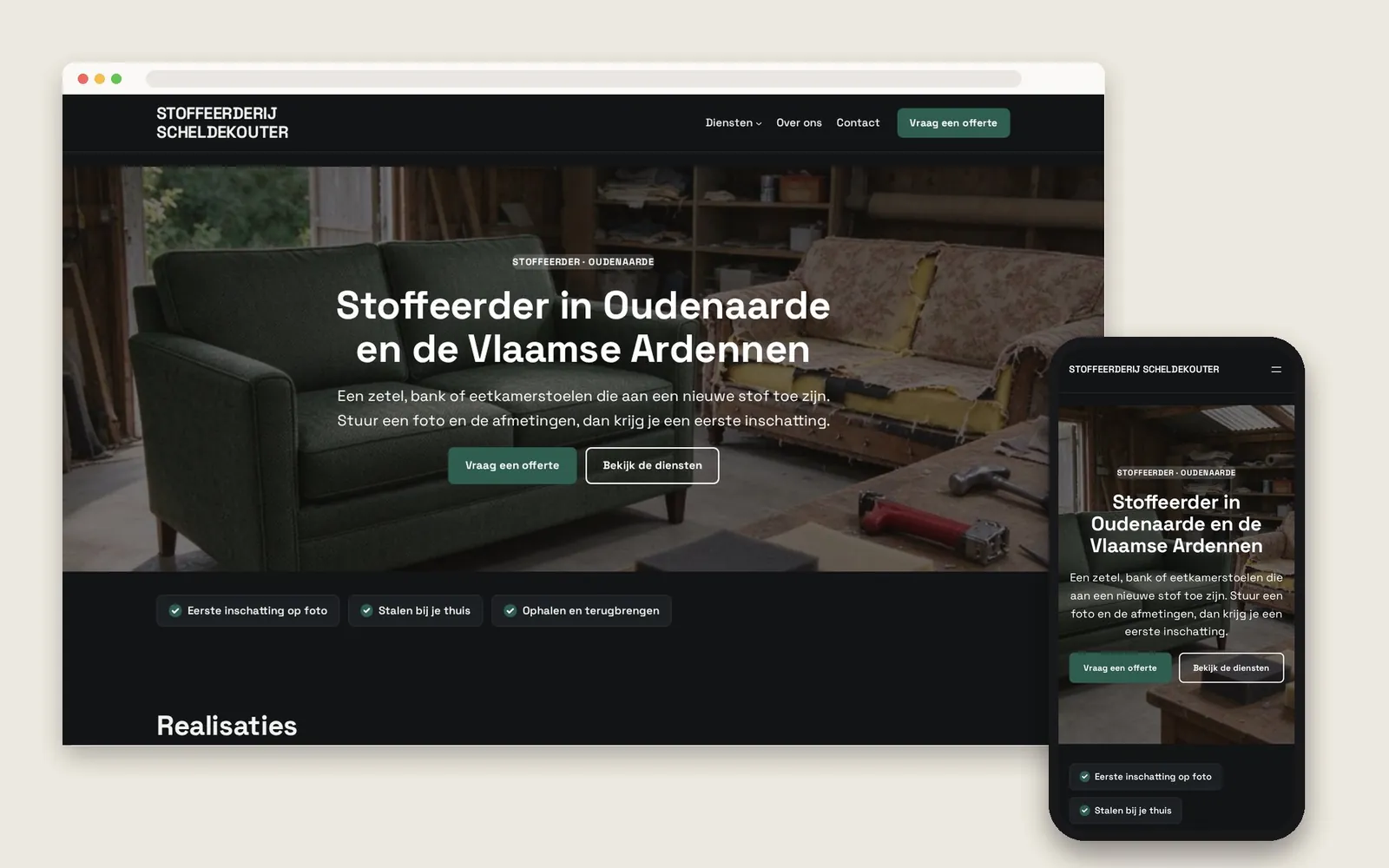 De website van Stoffeerderij Scheldekouter op computer en gsm