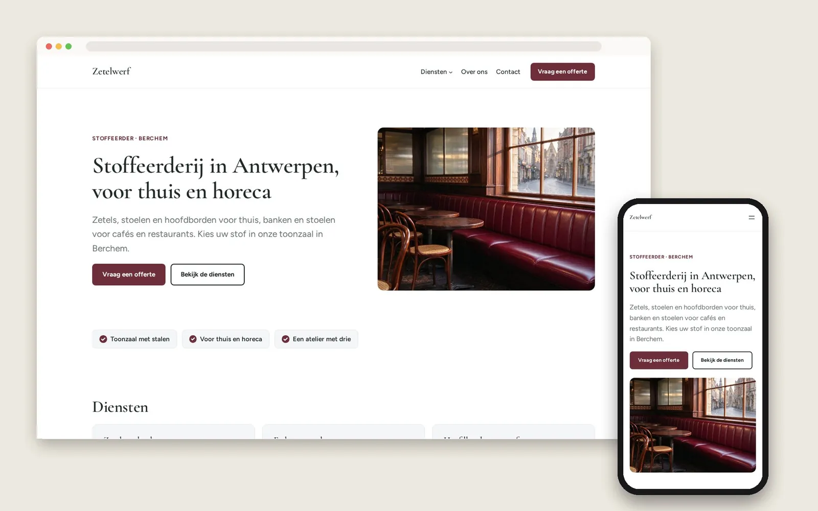 De website van Zetelwerf op computer en gsm