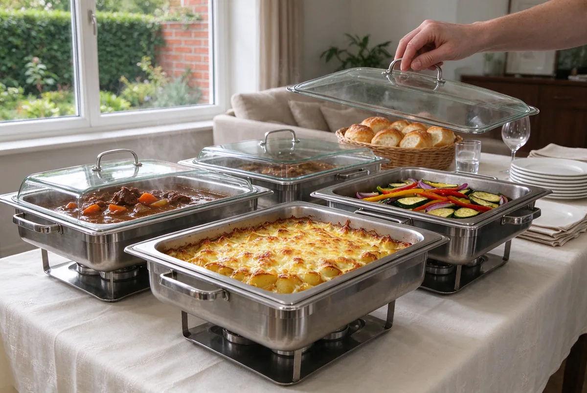 Warm buffet op een lange tafel in een woonkamer, klaar voor een familiefeest