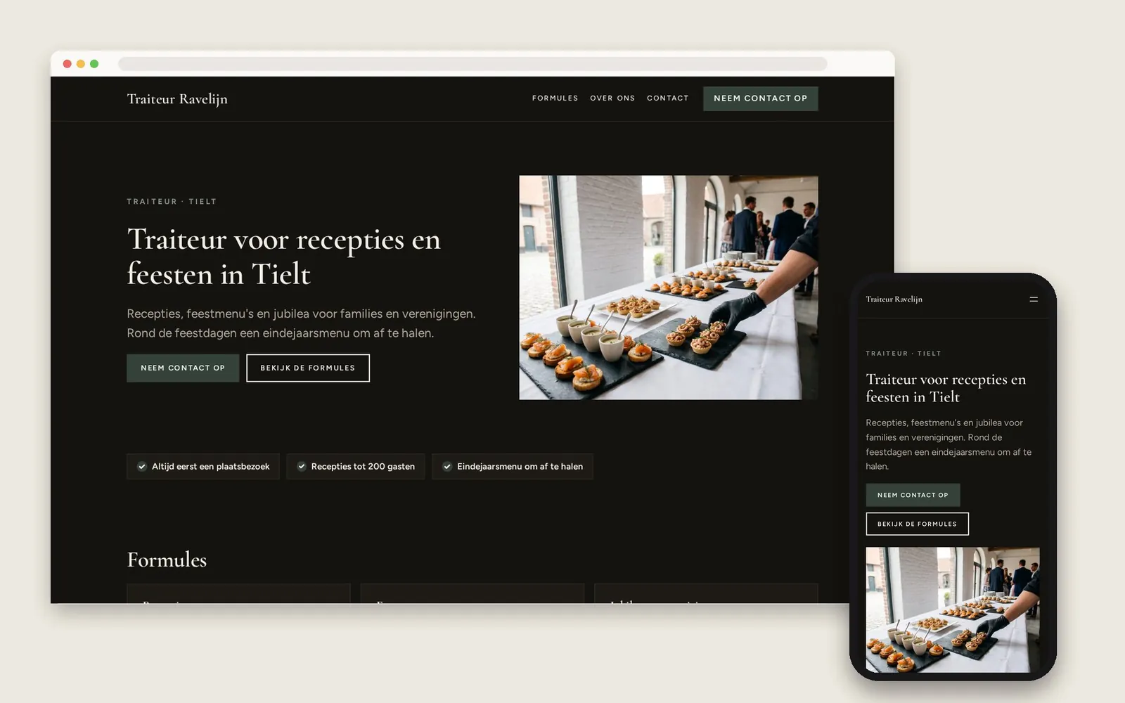 De website van Traiteur Ravelijn op computer en gsm