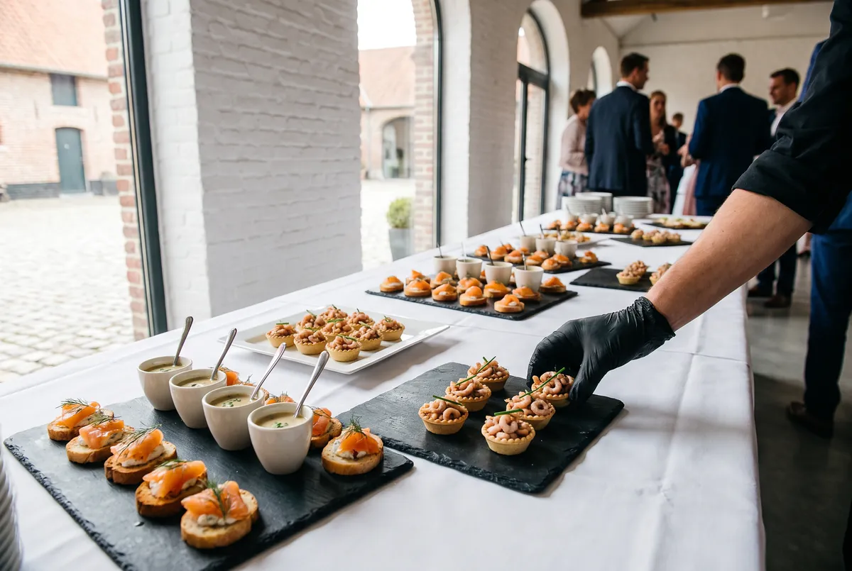 Hapjes voor een receptie op een lange tafel met wit linnen