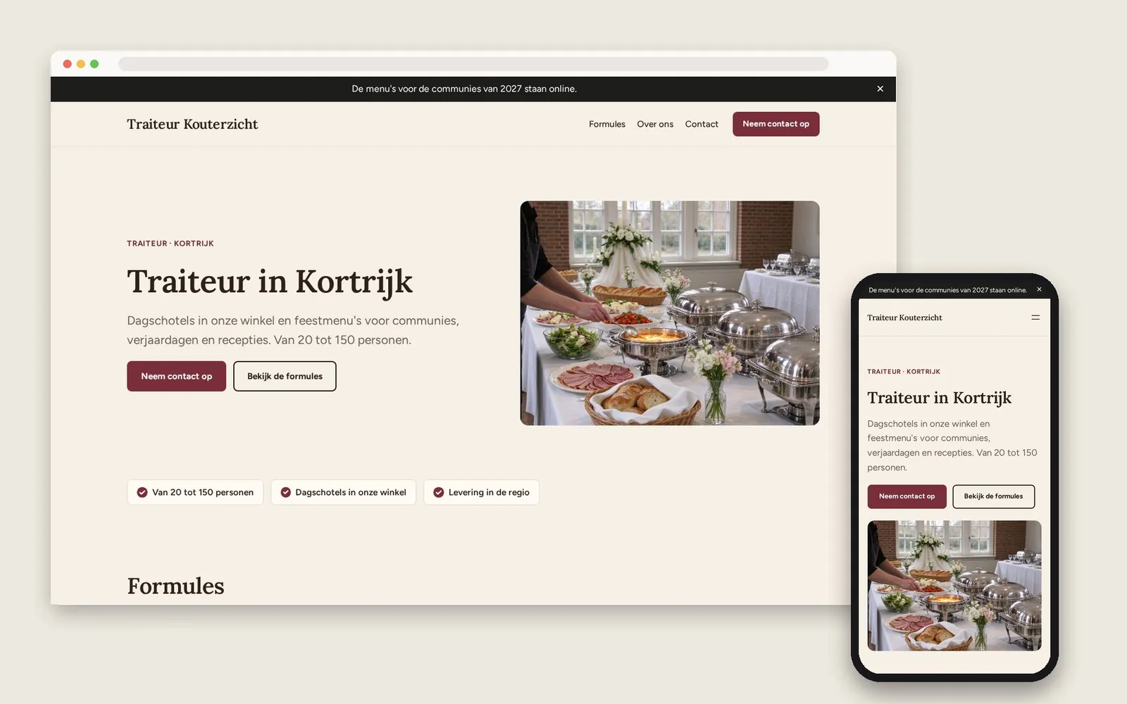 De website van Traiteur Kouterzicht op computer en gsm