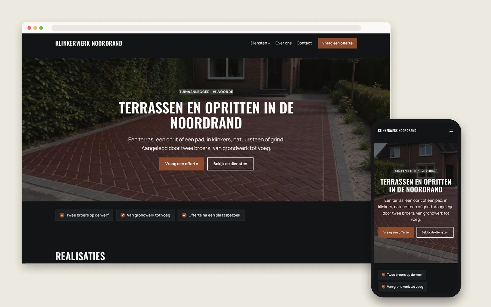 De website van Klinkerwerk Noordrand op computer en gsm