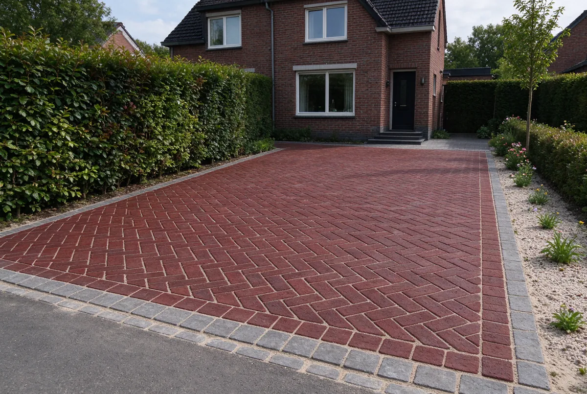 Nieuwe oprit in gebakken klinkers bij een woning in Vilvoorde