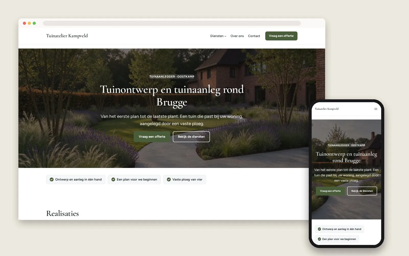 De website van Tuinatelier Kampveld op computer en gsm