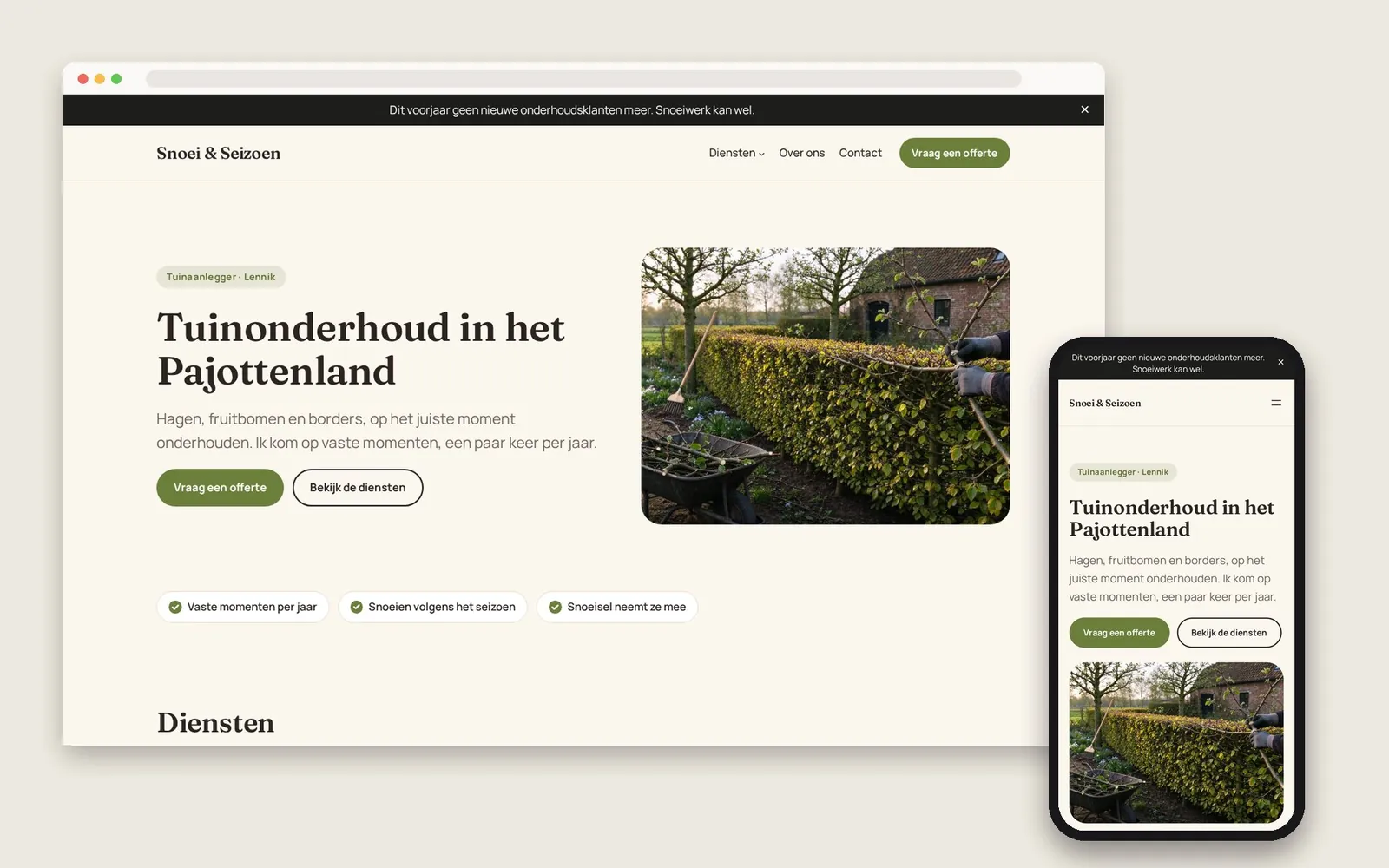 De website van Snoei & Seizoen op computer en gsm