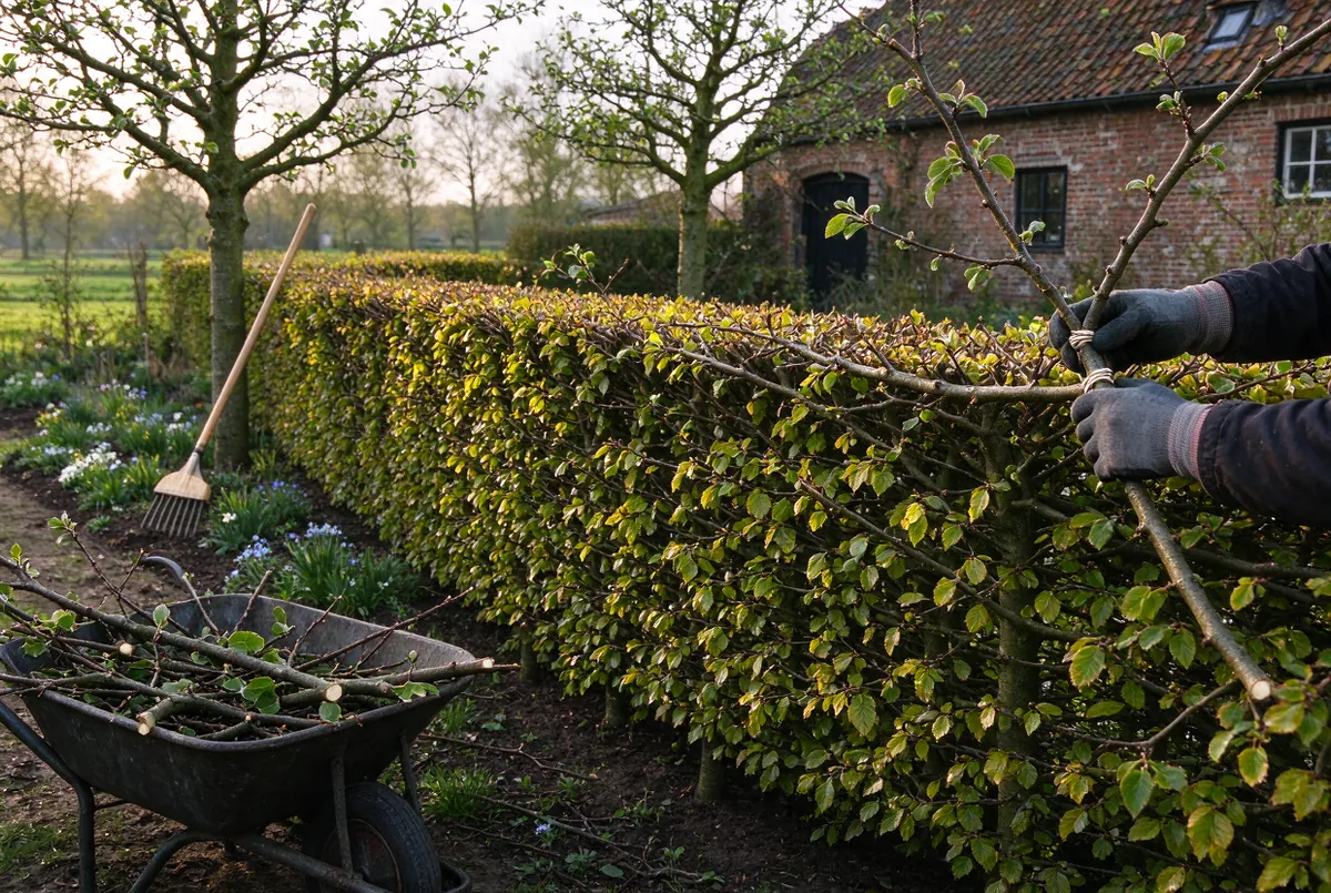 Pas gesnoeide haag en fruitbomen bij een hoeve in het Pajottenland