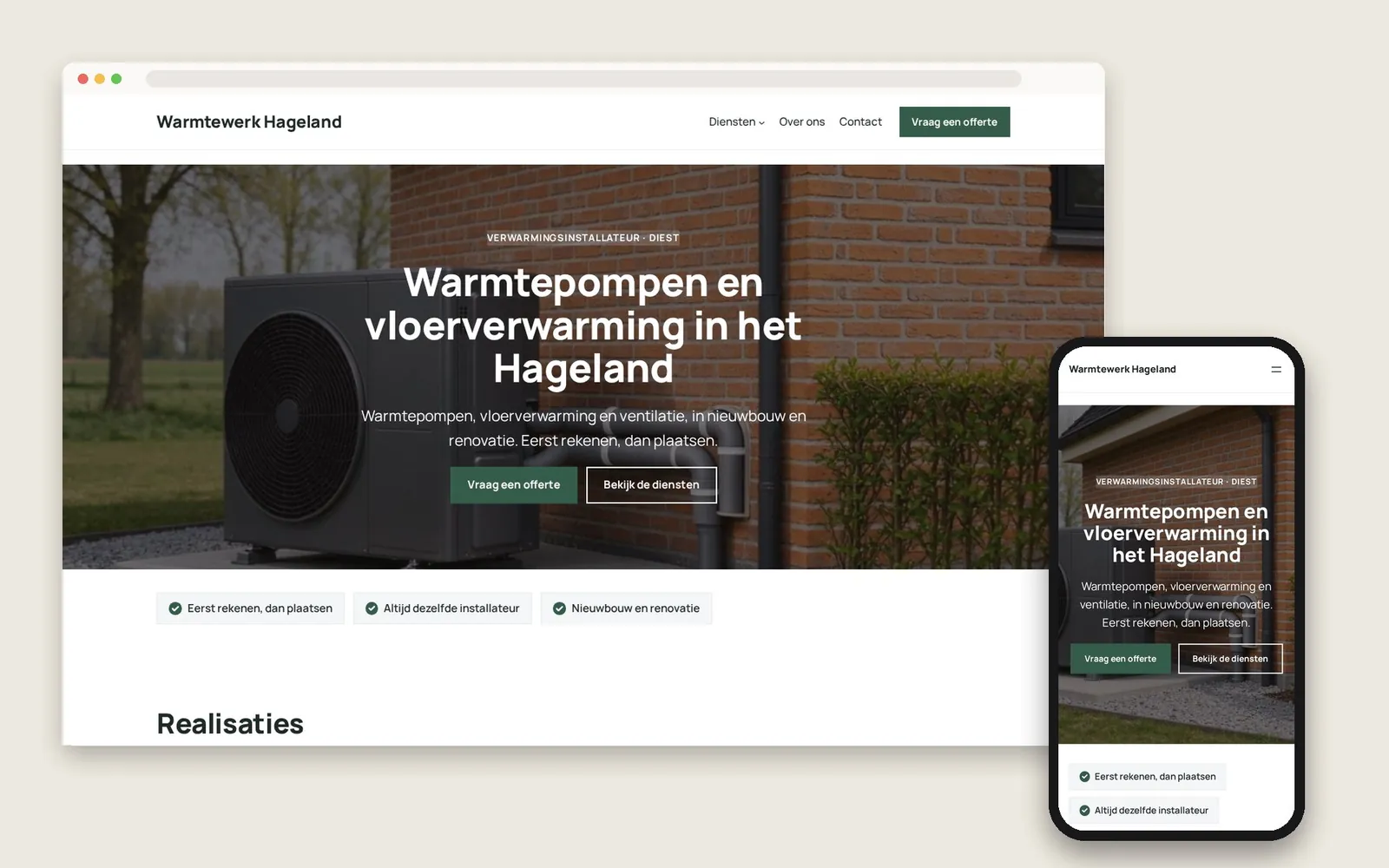 De website van Warmtewerk Hageland op computer en gsm