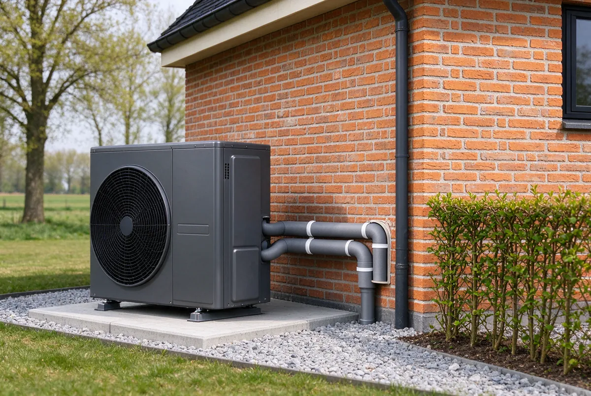 Buitenunit van een warmtepomp naast een gerenoveerde hoeve