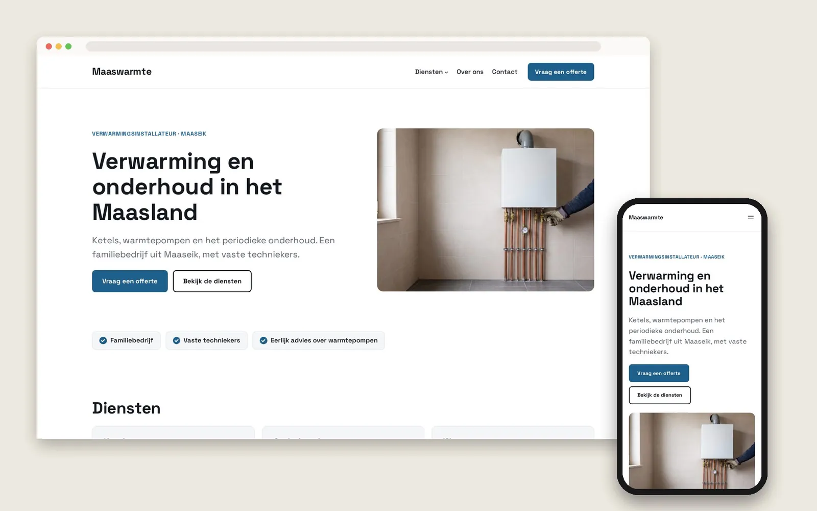 De website van Maaswarmte op computer en gsm