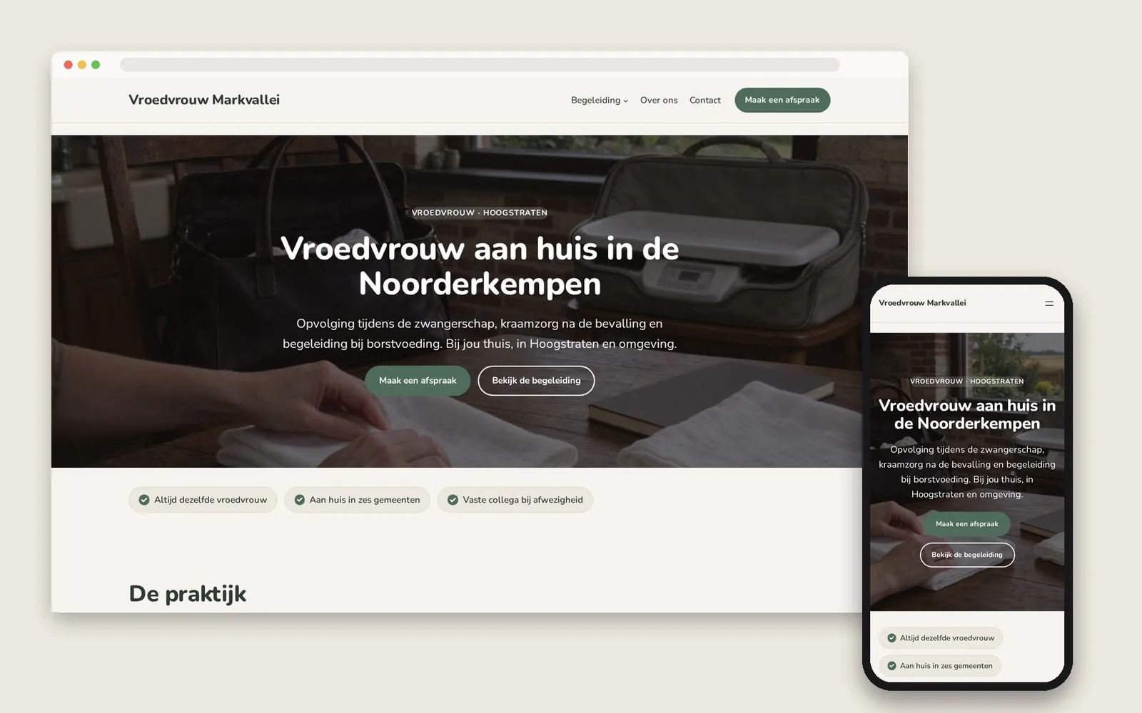 De website van Vroedvrouw Markvallei op computer en gsm