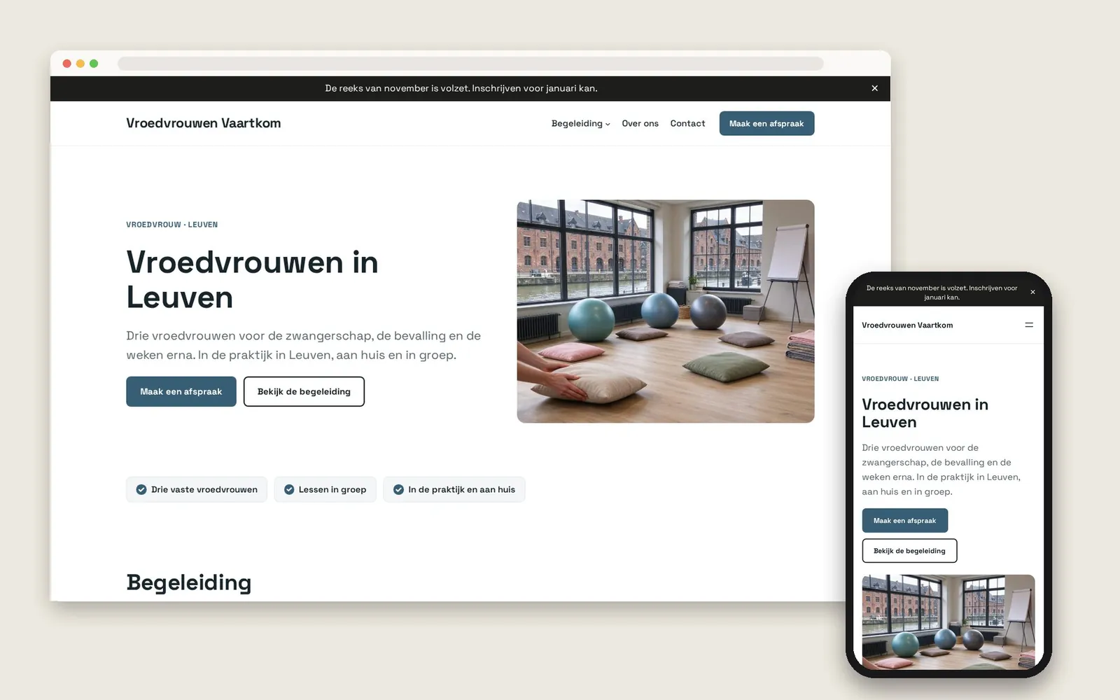 De website van Vroedvrouwen Vaartkom op computer en gsm