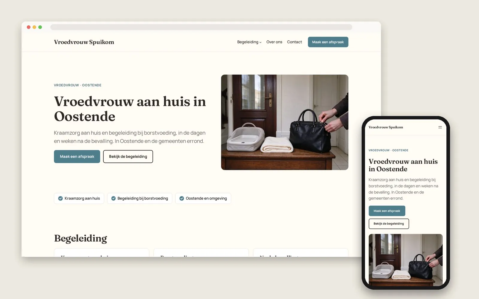 De website van Vroedvrouw Spuikom op computer en gsm
