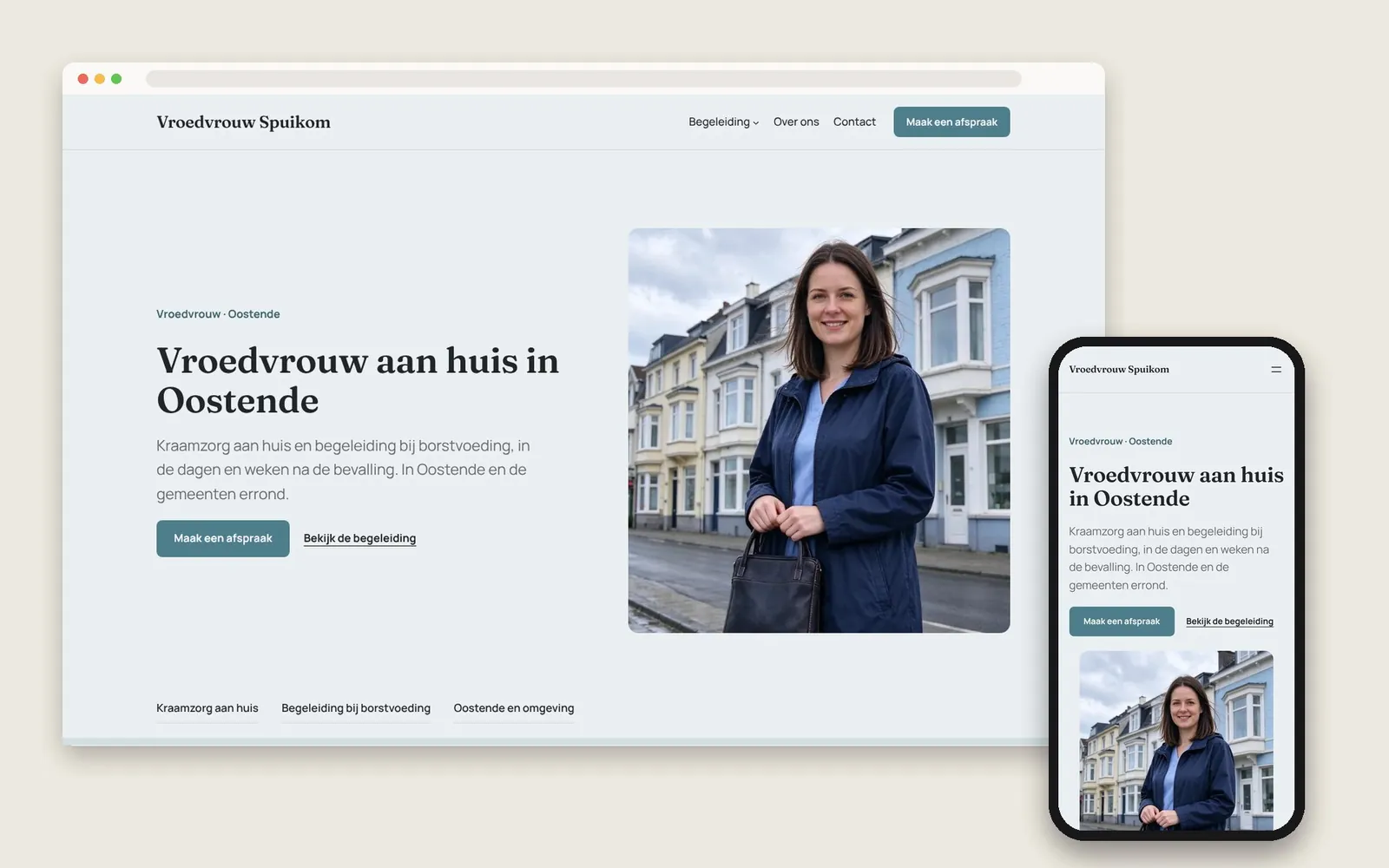 De website van Vroedvrouw Spuikom op computer en gsm