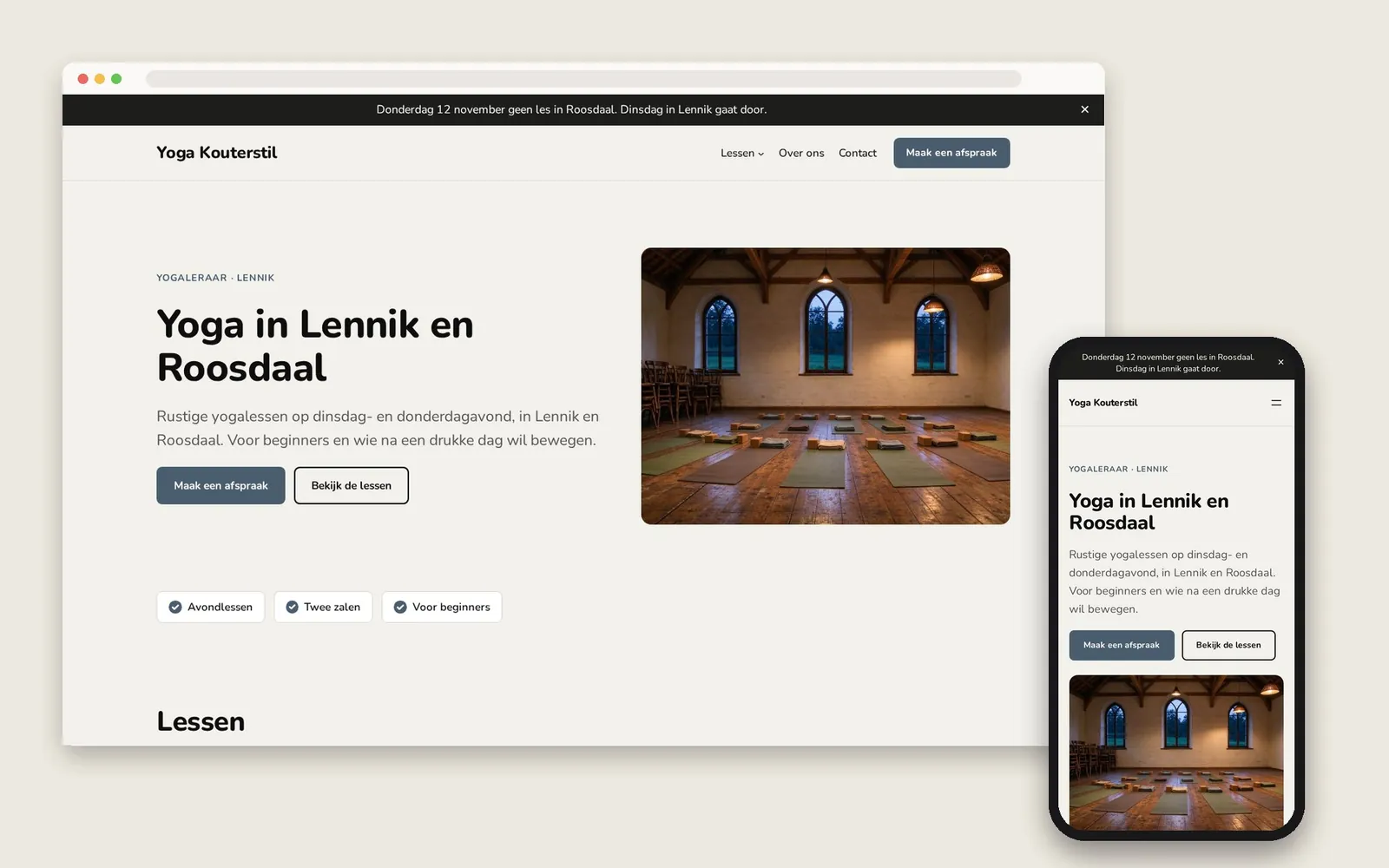 De website van Yoga Kouterstil op computer en gsm