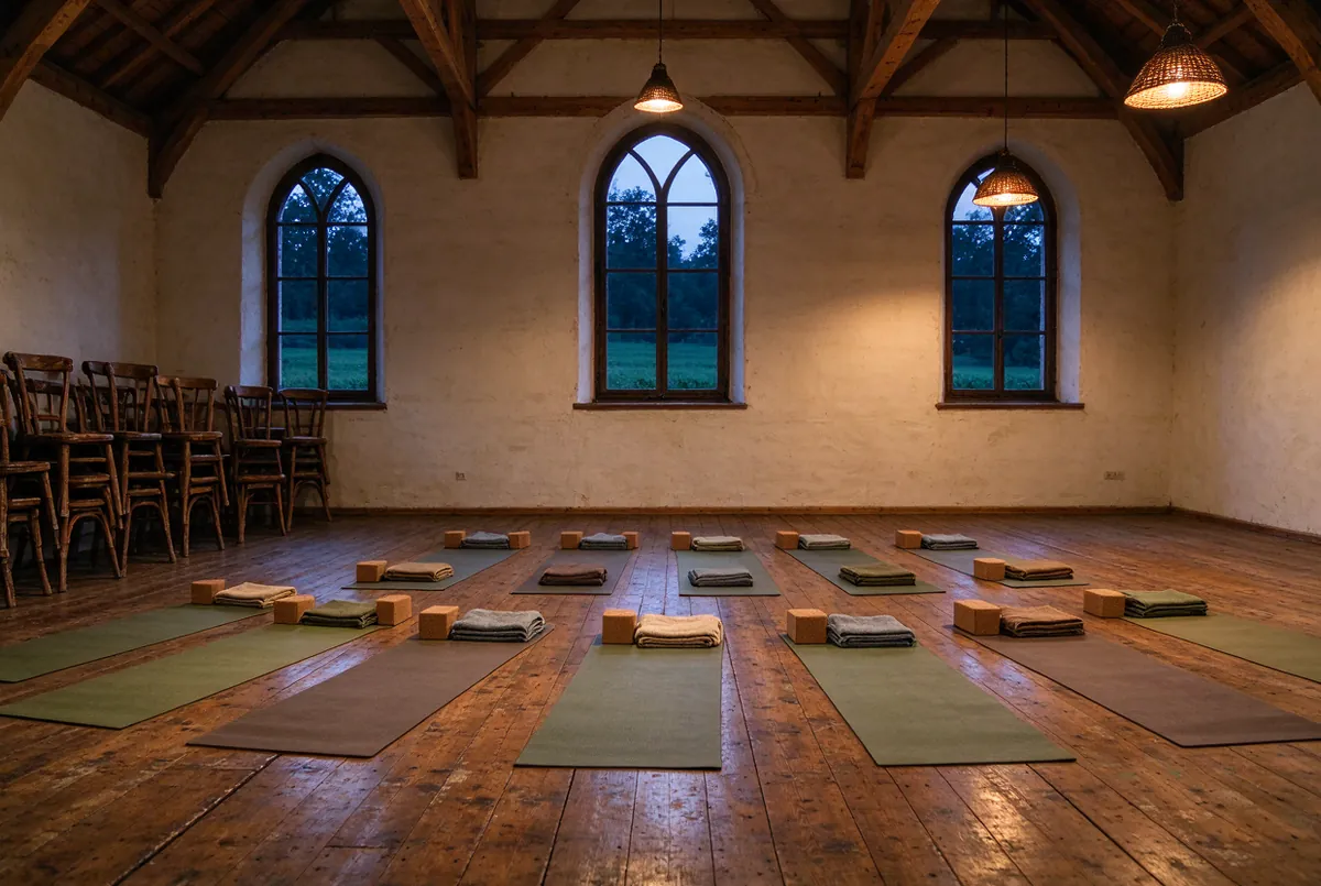 Yogamatten in een oude parochiezaal