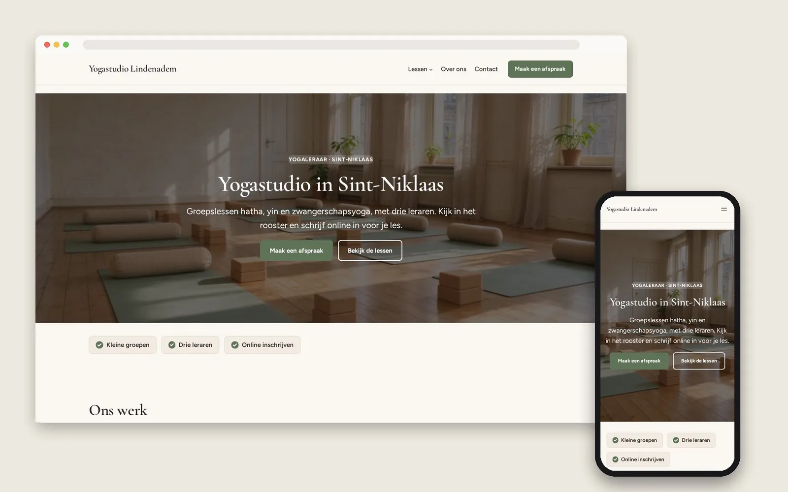 De website van Yogastudio Lindenadem op computer en gsm