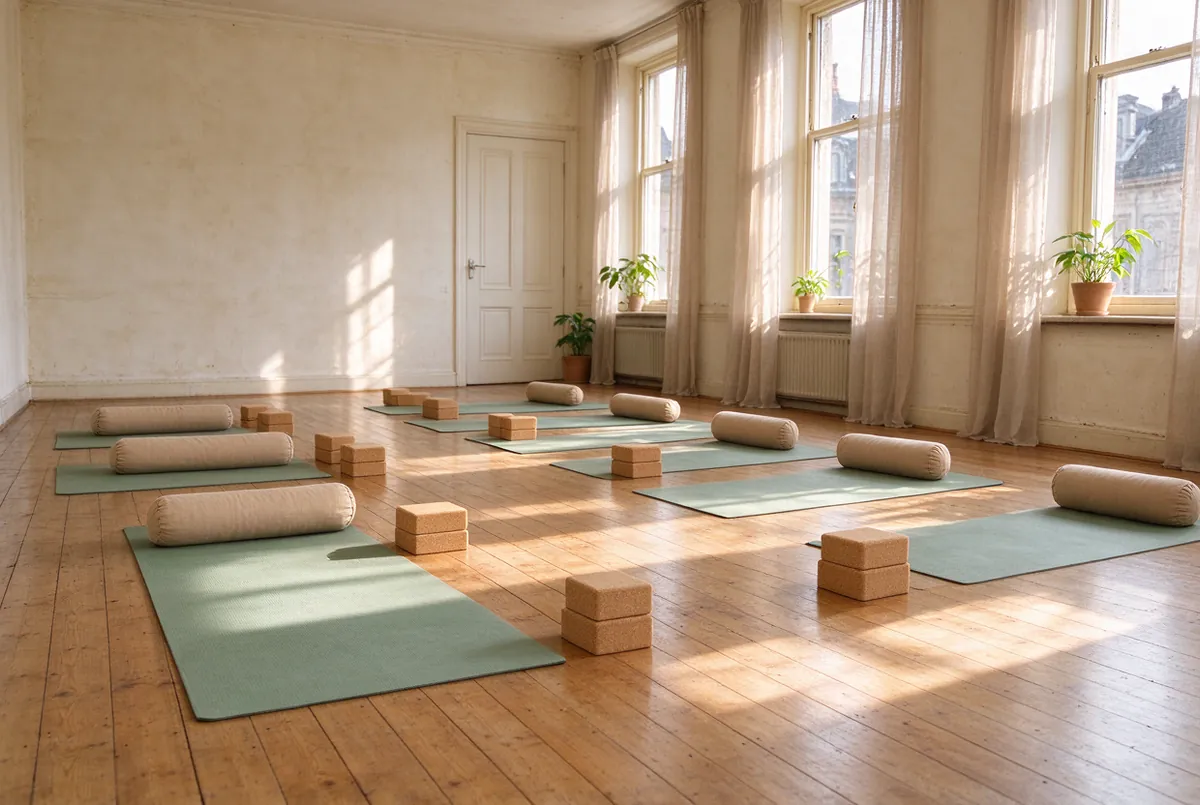 Lichte yogaruimte met matten op een houten vloer