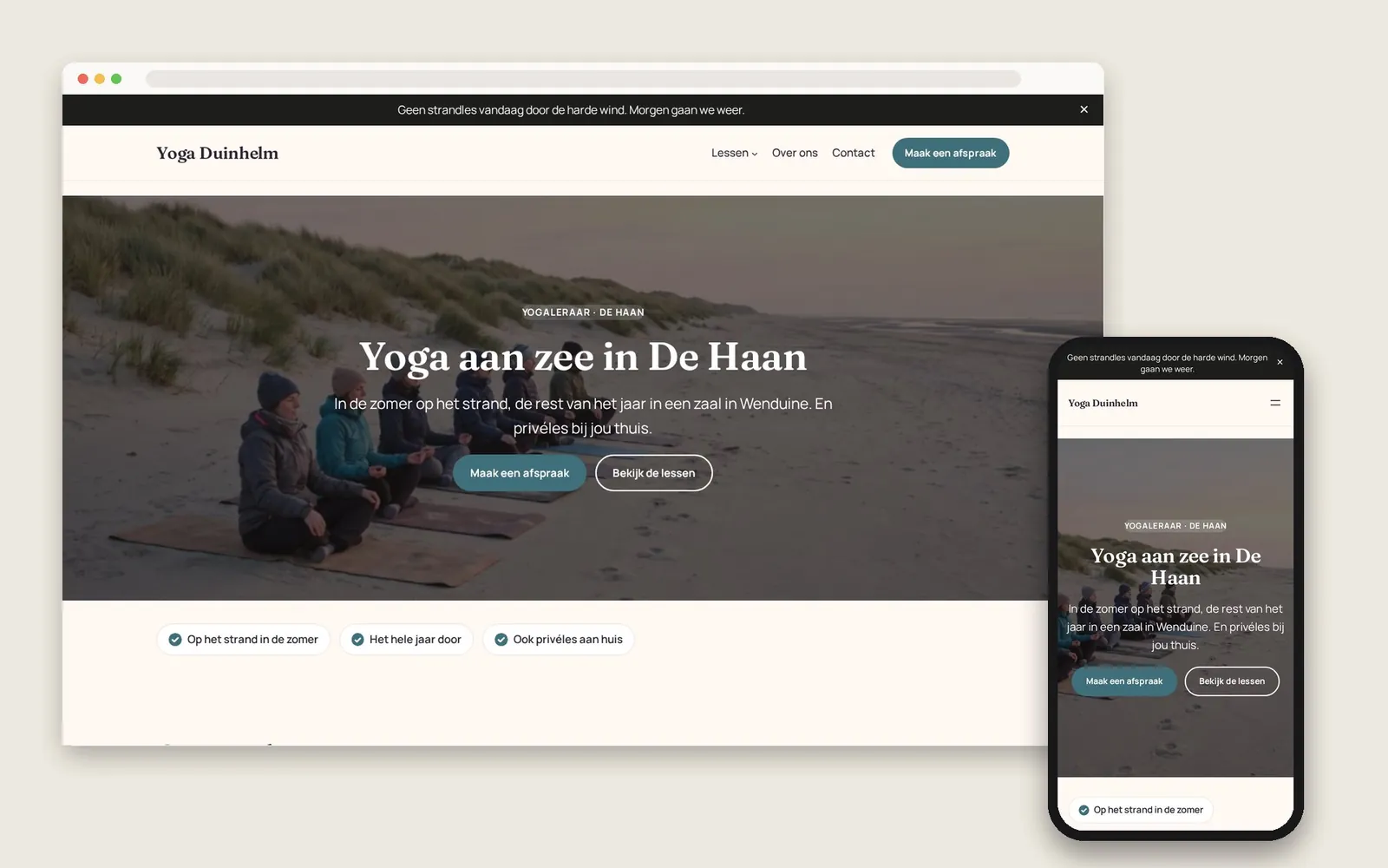 De website van Yoga Duinhelm op computer en gsm