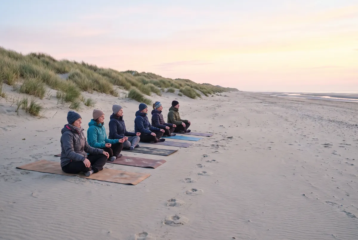 Yogamatten op het strand bij de duinen in de ochtend