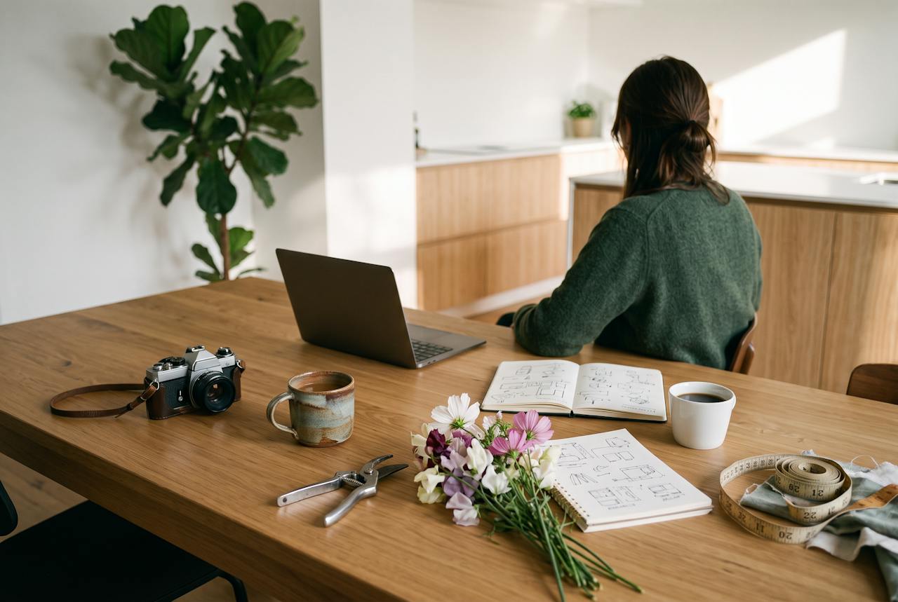 Keukentafel op zaterdagochtend met een laptop, een notitieboek en spullen van verschillende bijverdiensten