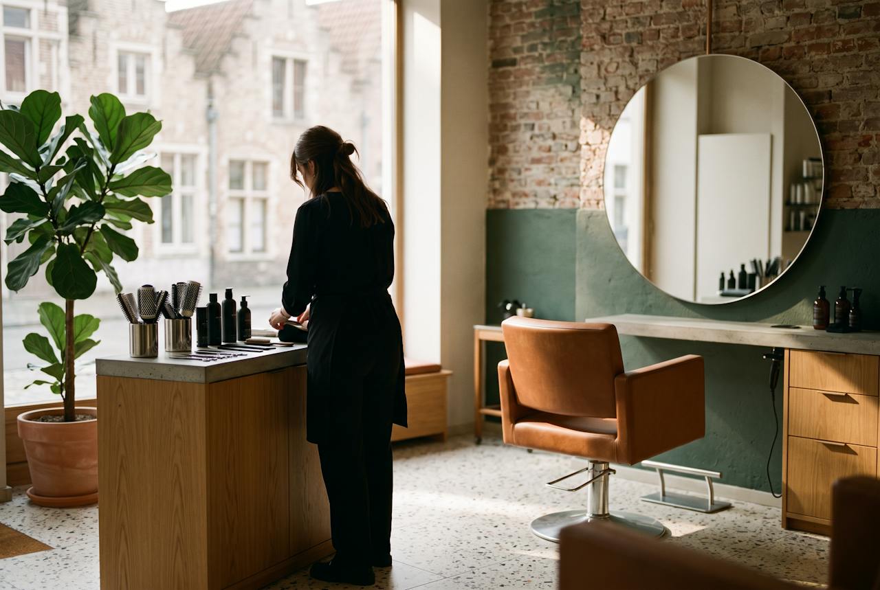 Kapster maakt haar werkplek klaar in een kapsalon, voor de eerste klant