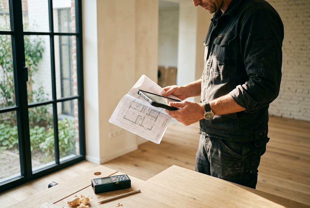 Handen van een aannemer met een tablet en een bouwplan in een gerenoveerde woning
