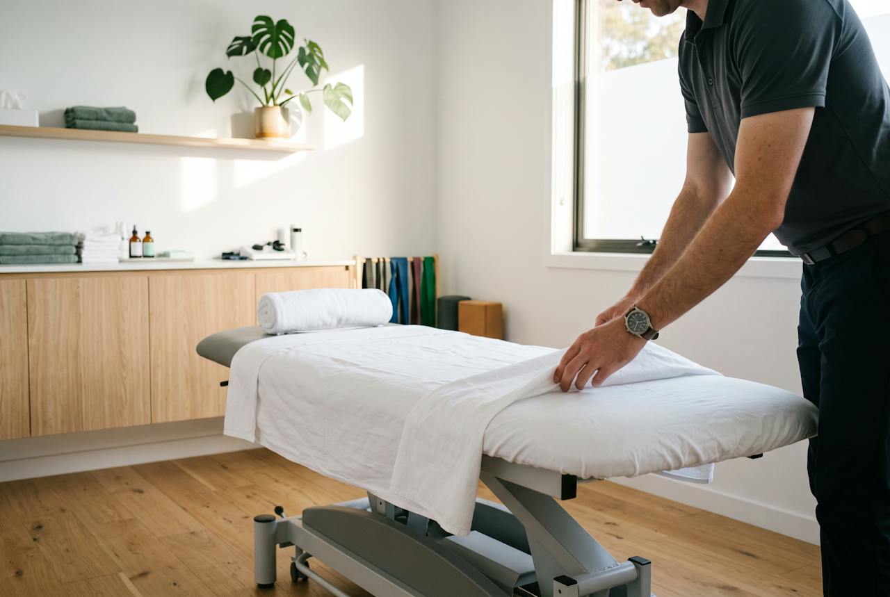 Behandelruimte van een kinesitherapiepraktijk met witte muren en ochtendlicht