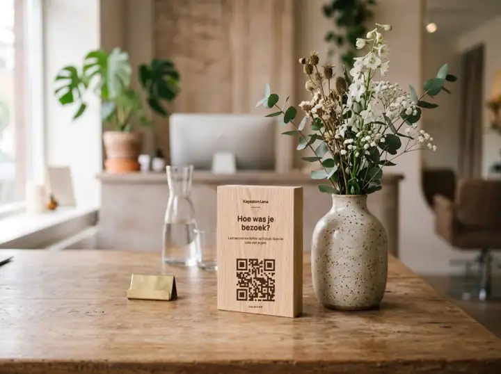 Houten review-blokje met QR-code op een balie