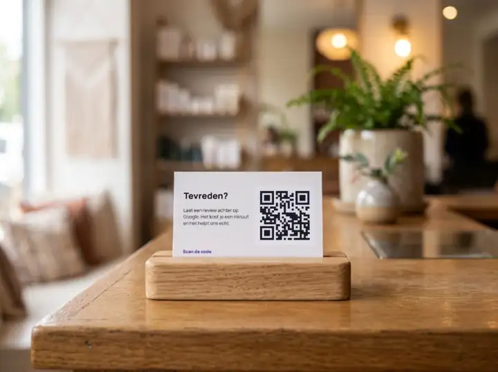Reviewkaartje met QR-code op een houten standaard